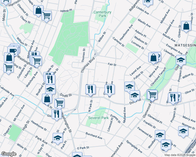 map of restaurants, bars, coffee shops, grocery stores, and more near 258 North Park Street in East Orange