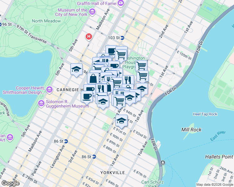 map of restaurants, bars, coffee shops, grocery stores, and more near 215 East 95th Street in New York