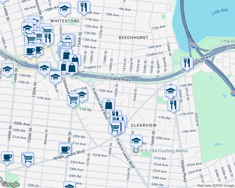 map of restaurants, bars, coffee shops, grocery stores, and more near 159-7 16th Avenue in Queens