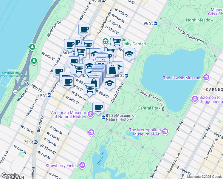 map of restaurants, bars, coffee shops, grocery stores, and more near 11 West 84th Street in New York