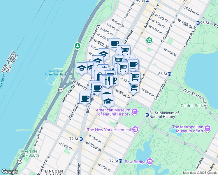 map of restaurants, bars, coffee shops, grocery stores, and more near 200 West 81st Street in New York