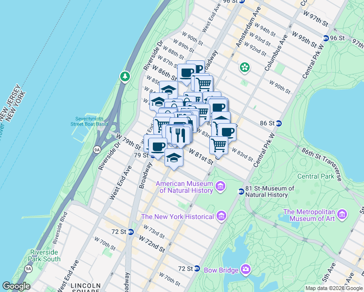 map of restaurants, bars, coffee shops, grocery stores, and more near Amsterdam Ave & W 81st St in New York