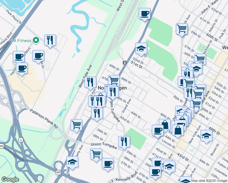 map of restaurants, bars, coffee shops, grocery stores, and more near 1716 46th Street in North Bergen