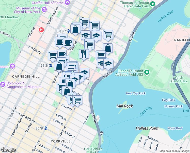 map of restaurants, bars, coffee shops, grocery stores, and more near 1912 1st Avenue in New York