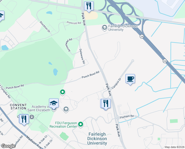 map of restaurants, bars, coffee shops, grocery stores, and more near 4 Punch Bowl Road in Morristown