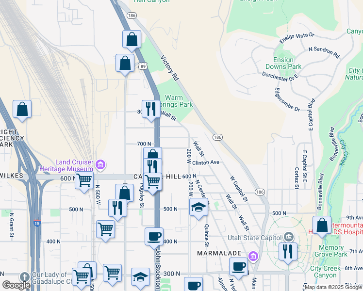 map of restaurants, bars, coffee shops, grocery stores, and more near 3 Wall Street in Salt Lake City