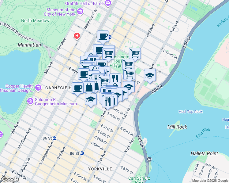 map of restaurants, bars, coffee shops, grocery stores, and more near 1865 2nd Avenue in New York