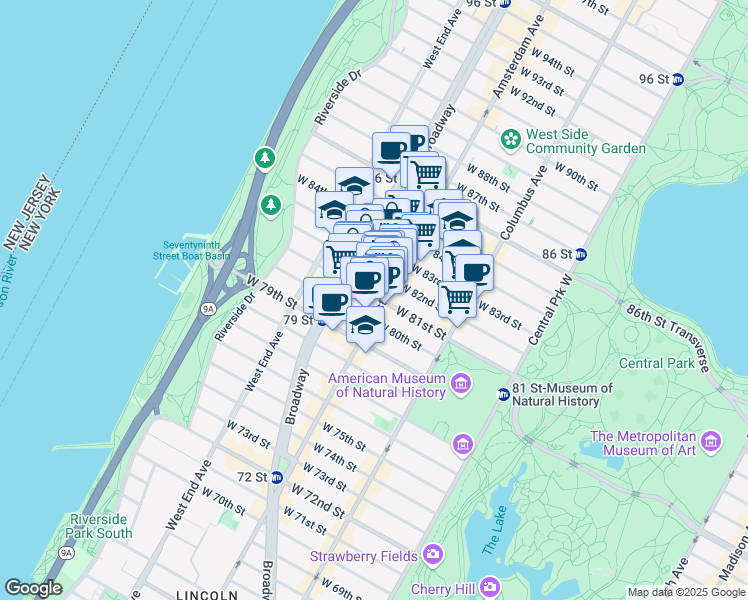 map of restaurants, bars, coffee shops, grocery stores, and more near 454 Amsterdam Avenue in New York
