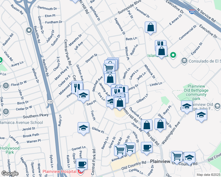 map of restaurants, bars, coffee shops, grocery stores, and more near 52 Manetto Hill Road in Plainview