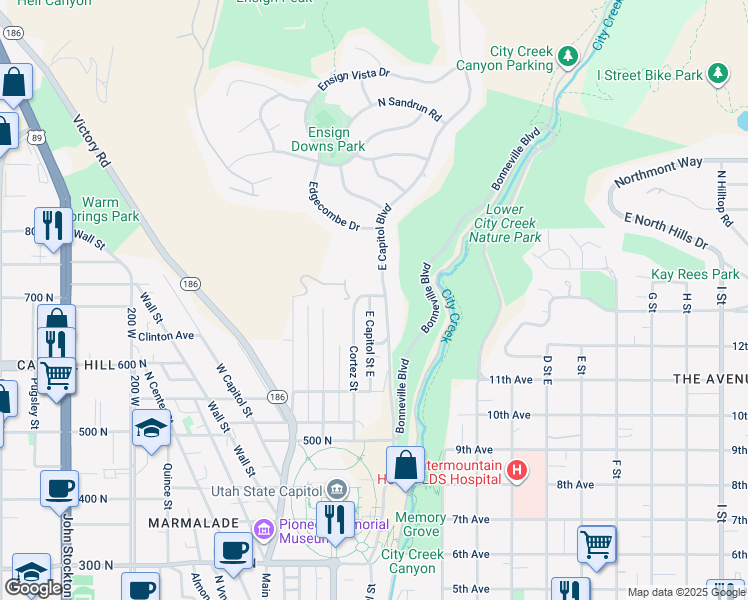 map of restaurants, bars, coffee shops, grocery stores, and more near 719 East Capitol Boulevard in Salt Lake City