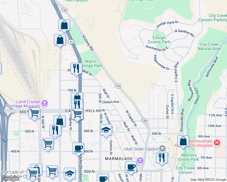 map of restaurants, bars, coffee shops, grocery stores, and more near 715 West Capitol Street in Salt Lake City