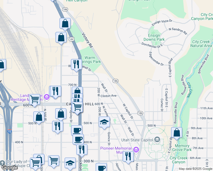 map of restaurants, bars, coffee shops, grocery stores, and more near 715 West Capitol Street in Salt Lake City