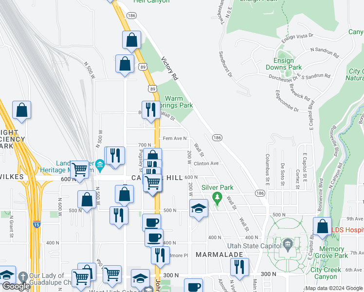 map of restaurants, bars, coffee shops, grocery stores, and more near 3 Wall Street in Salt Lake City