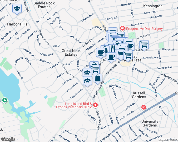 map of restaurants, bars, coffee shops, grocery stores, and more near 29 South Drive in Great Neck