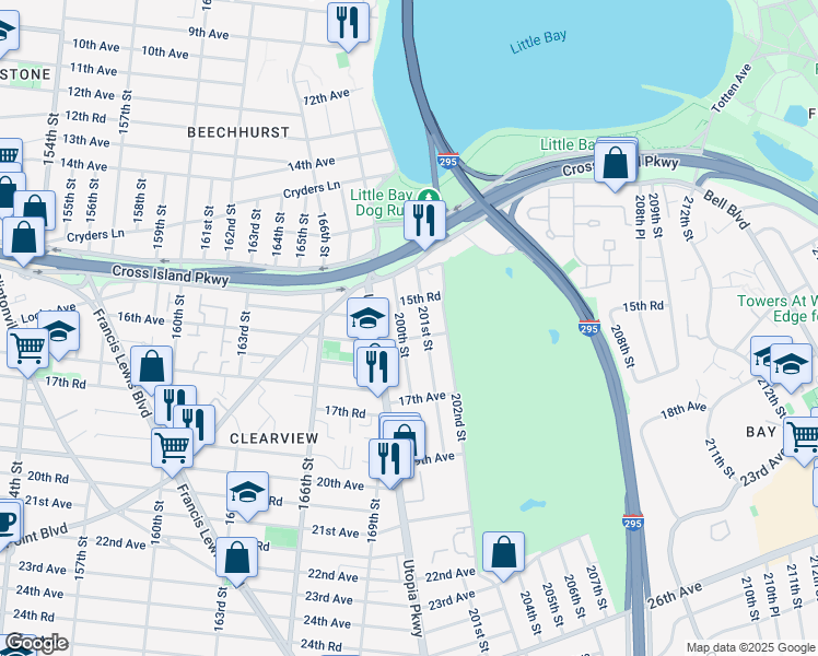 map of restaurants, bars, coffee shops, grocery stores, and more near 15-34 200th Street in Queens