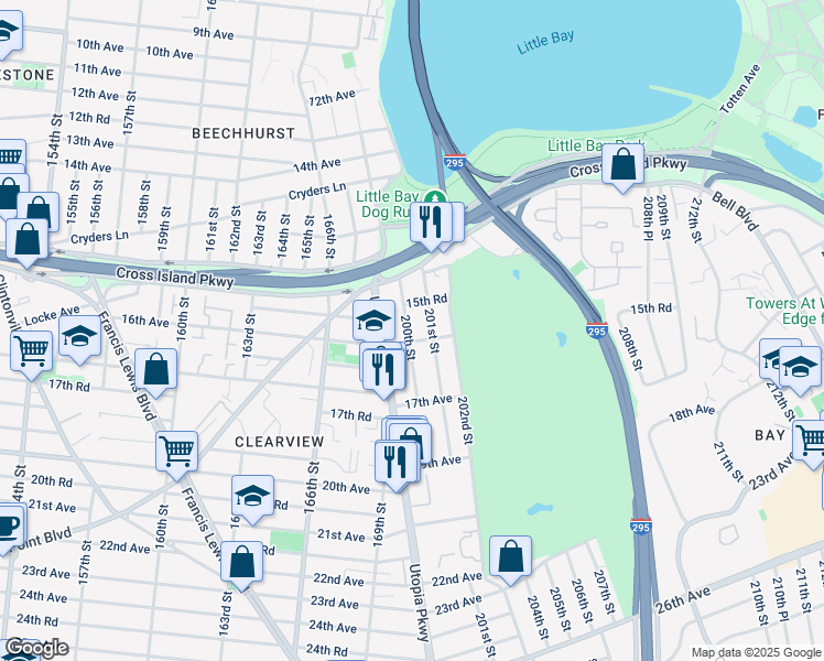 map of restaurants, bars, coffee shops, grocery stores, and more near 15-34 200th Street in Queens