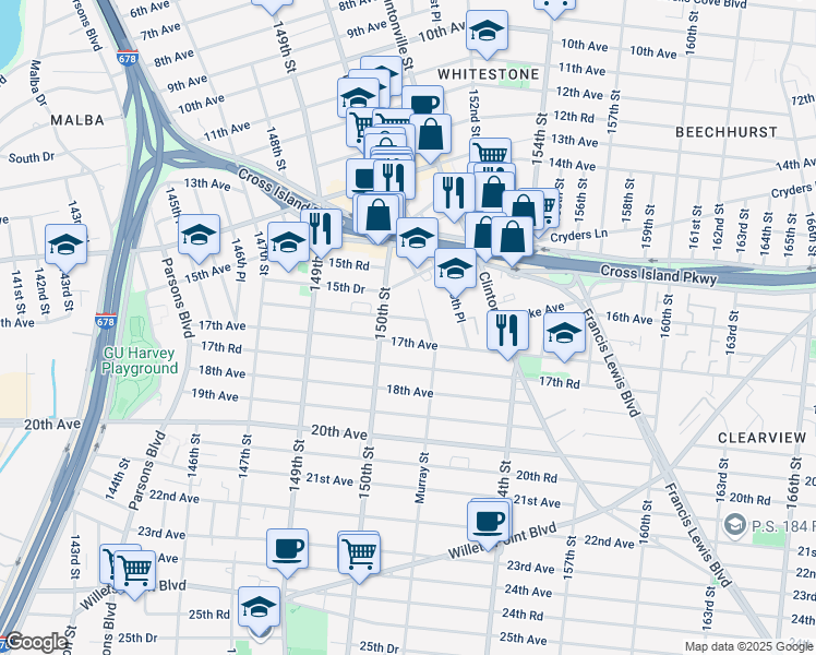 map of restaurants, bars, coffee shops, grocery stores, and more near in Queens
