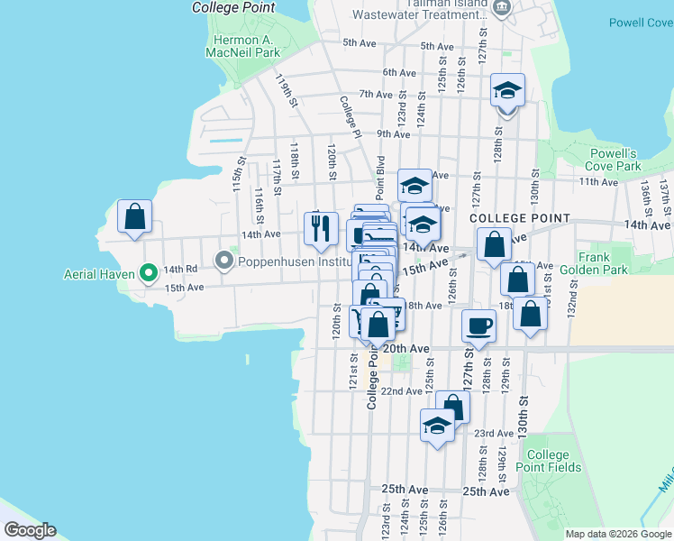 map of restaurants, bars, coffee shops, grocery stores, and more near 119-11 14th Road in Queens