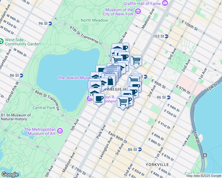 map of restaurants, bars, coffee shops, grocery stores, and more near 1302 Madison Avenue in New York