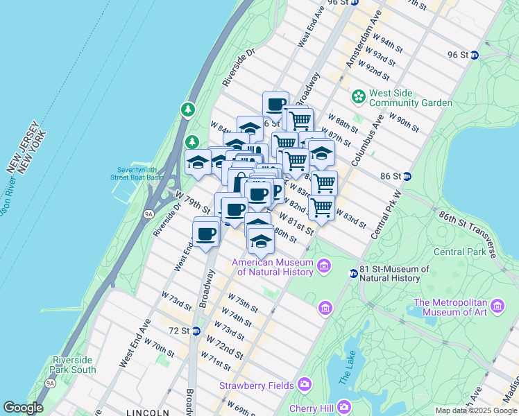 map of restaurants, bars, coffee shops, grocery stores, and more near 234 West 81st Street in New York