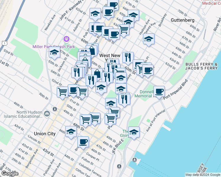 map of restaurants, bars, coffee shops, grocery stores, and more near 5607 Hudson Avenue in West New York
