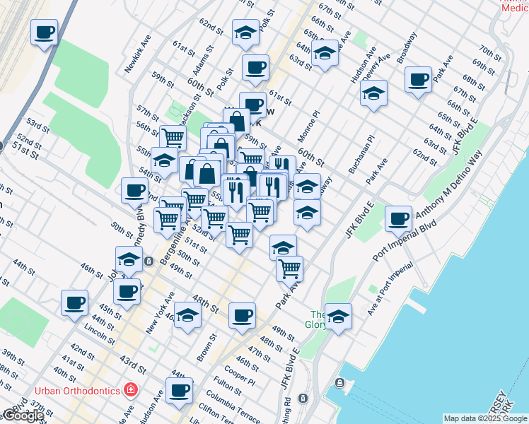 map of restaurants, bars, coffee shops, grocery stores, and more near 5500 Palisade Avenue in West New York