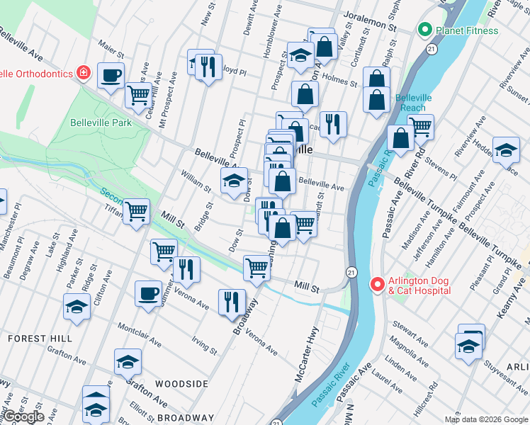 map of restaurants, bars, coffee shops, grocery stores, and more near 100 William Street in Belleville