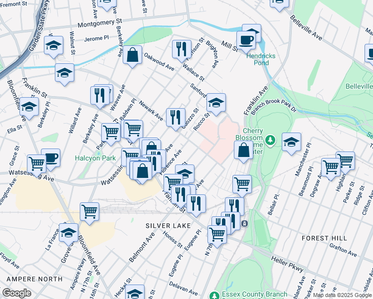 map of restaurants, bars, coffee shops, grocery stores, and more near 77 Newark Avenue in Belleville