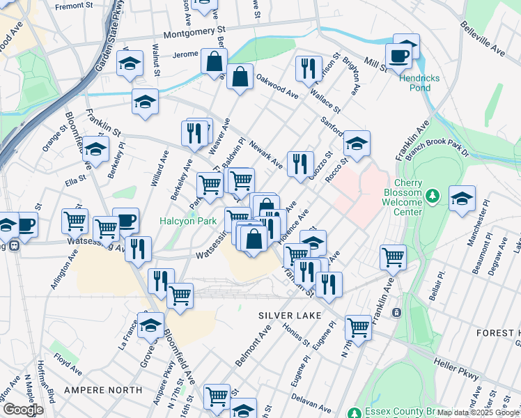 map of restaurants, bars, coffee shops, grocery stores, and more near 360 Watsessing Avenue in Bloomfield