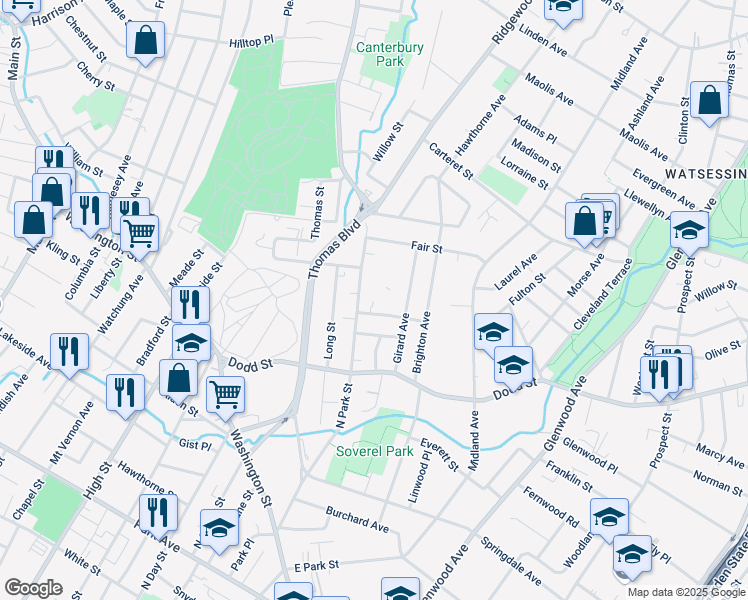 map of restaurants, bars, coffee shops, grocery stores, and more near 258 North Park Street in East Orange