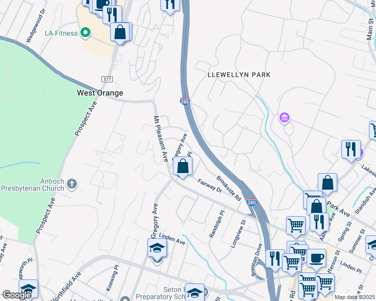 map of restaurants, bars, coffee shops, grocery stores, and more near 57 Brookside Road in West Orange