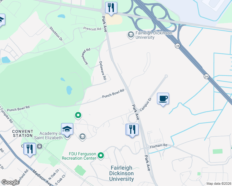 map of restaurants, bars, coffee shops, grocery stores, and more near 4 Punch Bowl Road in Morristown