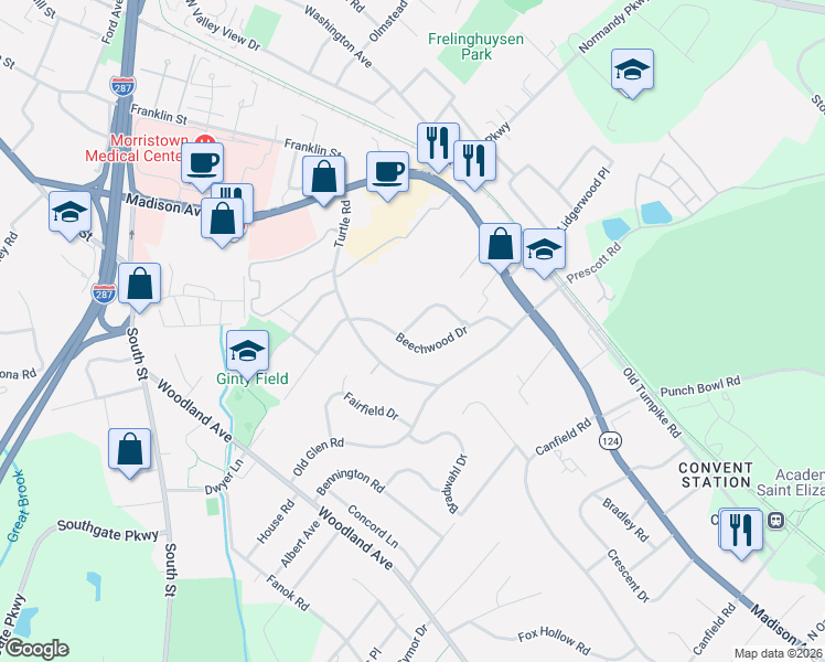 map of restaurants, bars, coffee shops, grocery stores, and more near 16 Catalpa Drive in Morristown