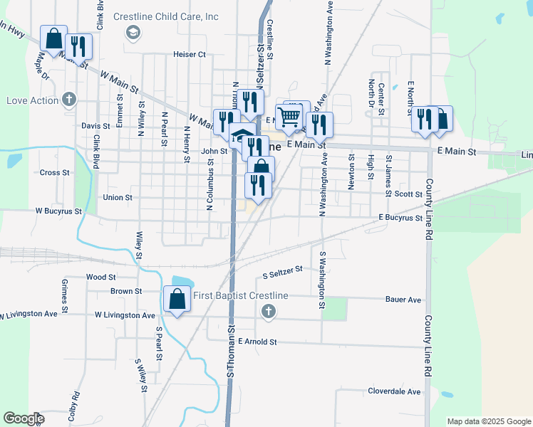 map of restaurants, bars, coffee shops, grocery stores, and more near 217 East Bucyrus Street in Crestline