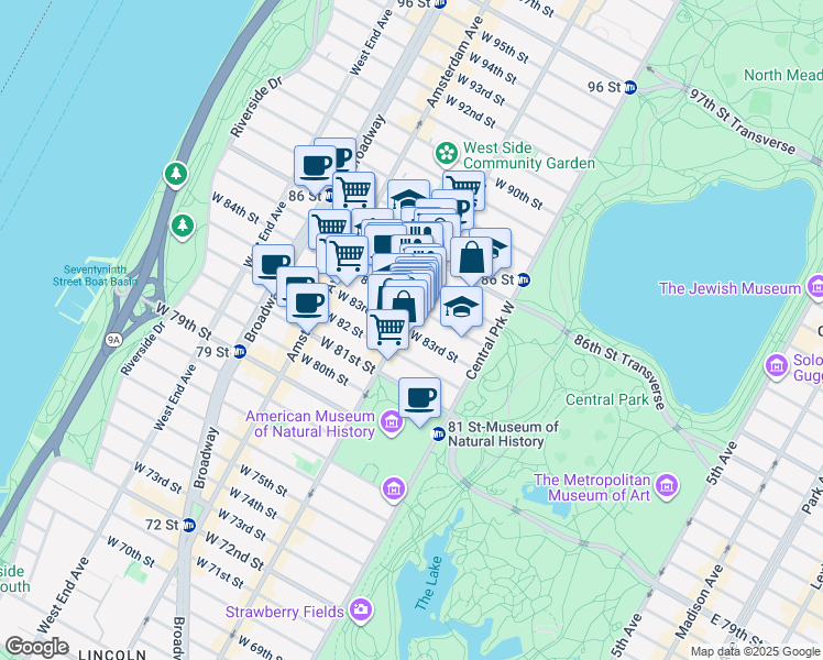 map of restaurants, bars, coffee shops, grocery stores, and more near 73 West 83rd Street in New York