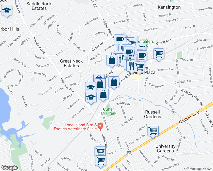 map of restaurants, bars, coffee shops, grocery stores, and more near 80 Cuttermill Road in Great Neck