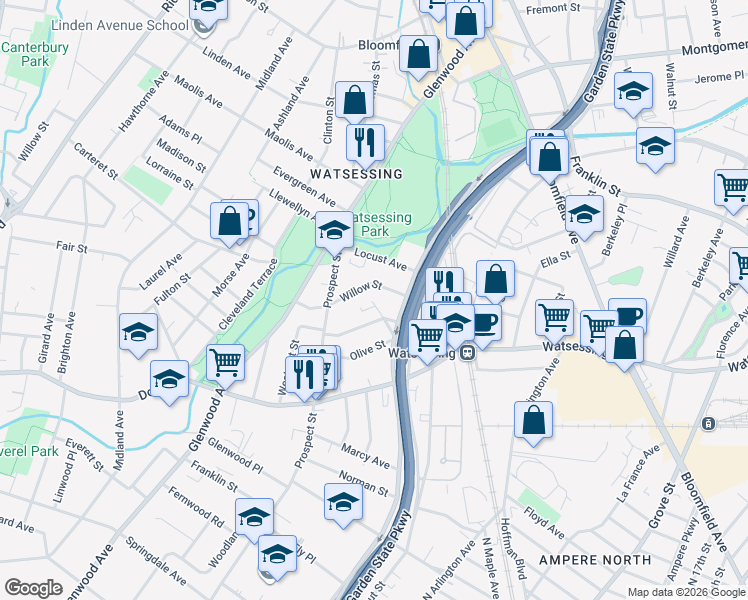 map of restaurants, bars, coffee shops, grocery stores, and more near 78 Willow Street in Bloomfield