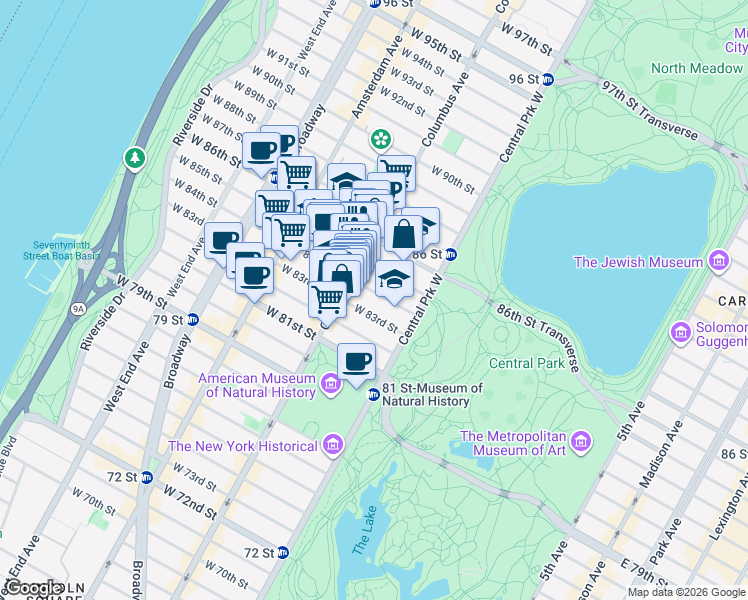 map of restaurants, bars, coffee shops, grocery stores, and more near 51 West 84th Street in New York