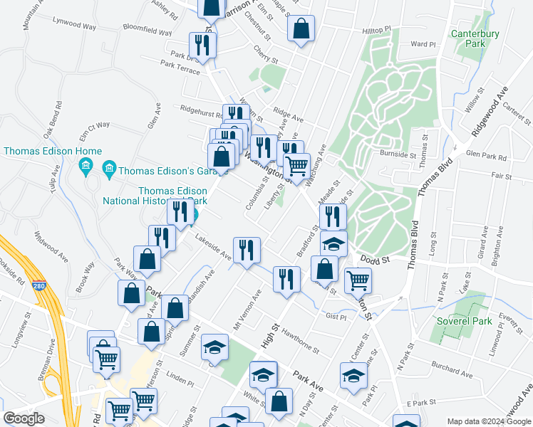 map of restaurants, bars, coffee shops, grocery stores, and more near 52 Liberty Street in West Orange