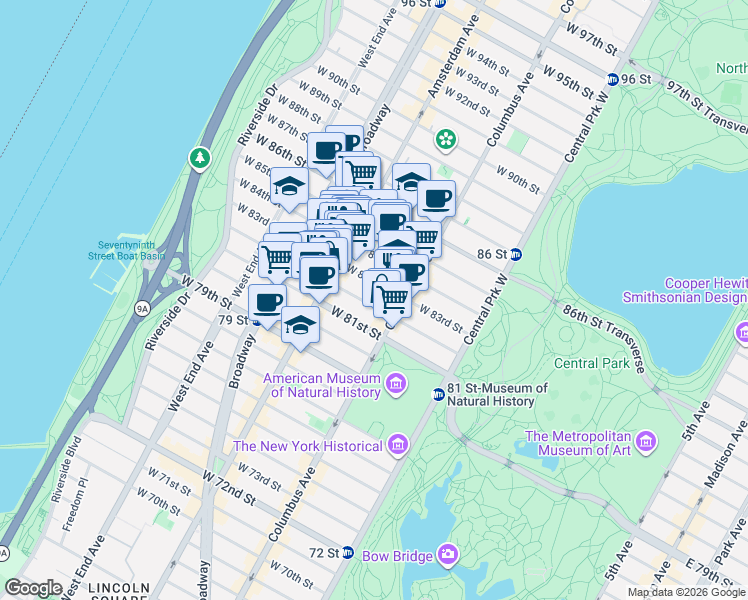 map of restaurants, bars, coffee shops, grocery stores, and more near 146 West 83rd Street in New York
