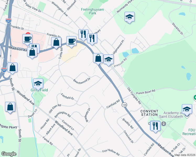 map of restaurants, bars, coffee shops, grocery stores, and more near 3 Beechwood Drive in Morristown