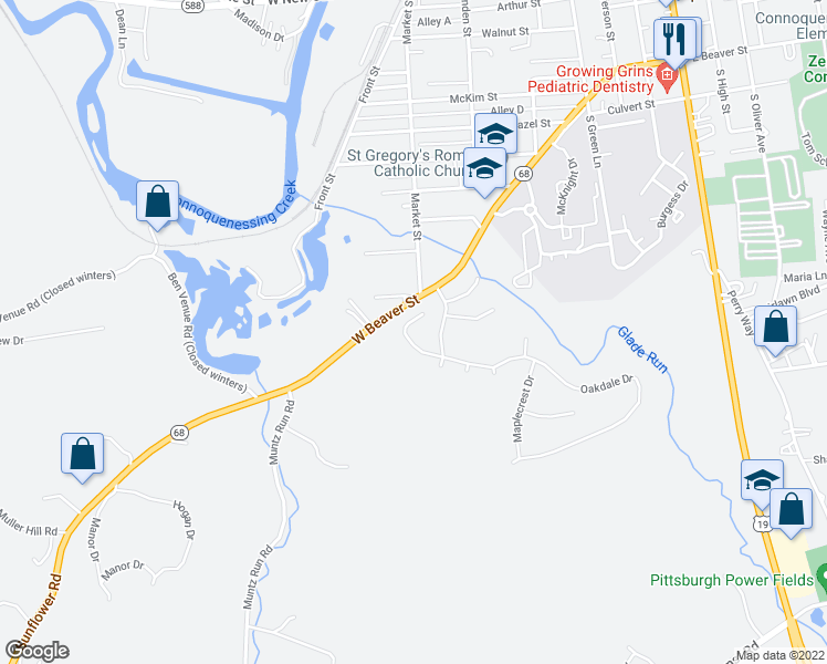 map of restaurants, bars, coffee shops, grocery stores, and more near 1001 Timberbrook Court in Zelienople
