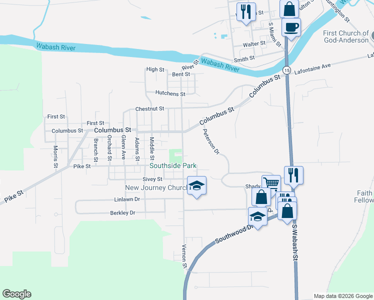 map of restaurants, bars, coffee shops, grocery stores, and more near 1415 Vernon St in Wabash