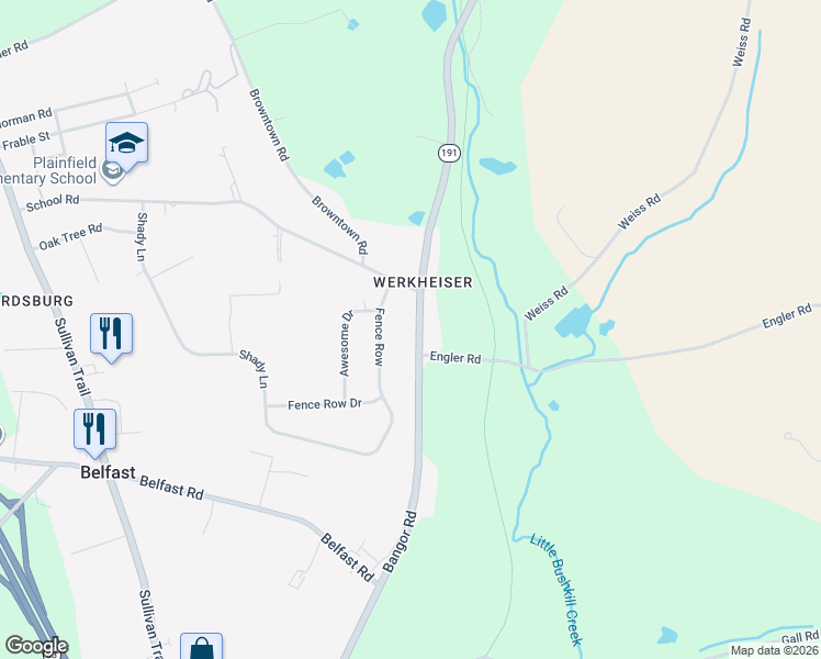 map of restaurants, bars, coffee shops, grocery stores, and more near 5741 Shady Lane in Nazareth
