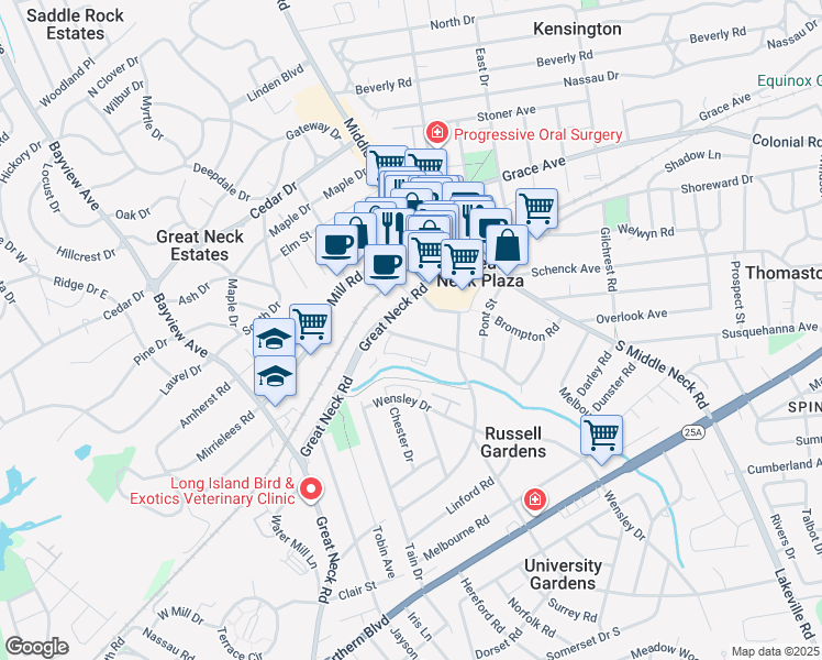 map of restaurants, bars, coffee shops, grocery stores, and more near 35 Knightsbridge Road in Great Neck