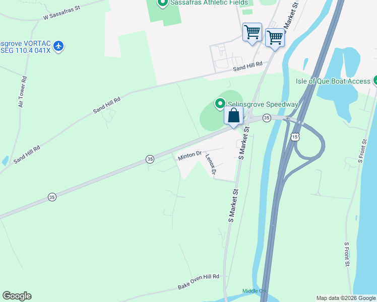 map of restaurants, bars, coffee shops, grocery stores, and more near 15 Minton Drive in Selinsgrove