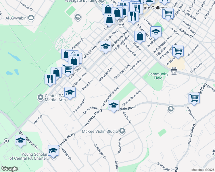 map of restaurants, bars, coffee shops, grocery stores, and more near 335 South Buckhout Street in State College