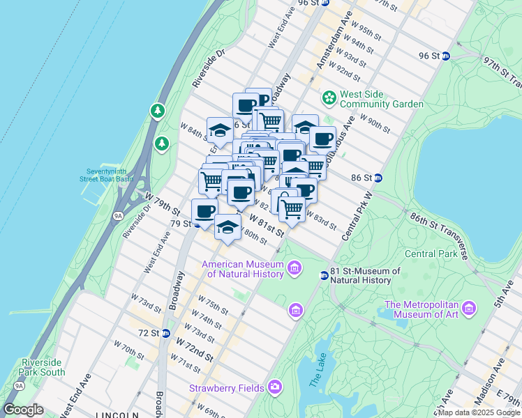 map of restaurants, bars, coffee shops, grocery stores, and more near 150 West 82nd Street in New York