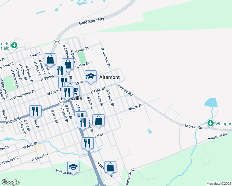 map of restaurants, bars, coffee shops, grocery stores, and more near 138 South Spencer Street in Frackville