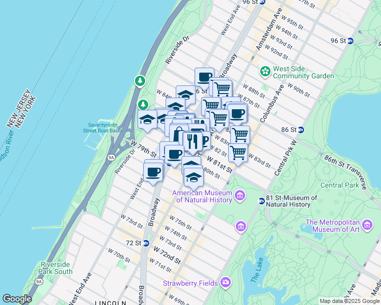 map of restaurants, bars, coffee shops, grocery stores, and more near 234 West 81st Street in New York